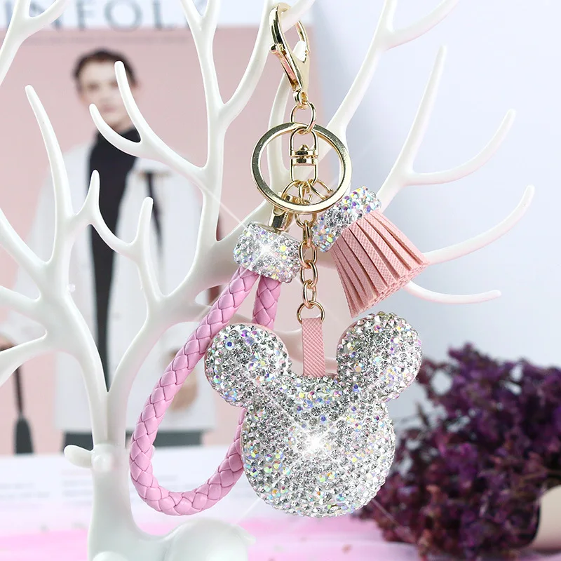 New Cute Luxury Designer Crystal Cartoon Key chain Mickey Leather Key Ring Bag Car KeyChain