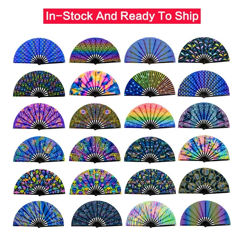 Custom Printed 13Inch Large Bamboo Folding Clack Hand Held Fan for Festivals Parties Rave Accessories