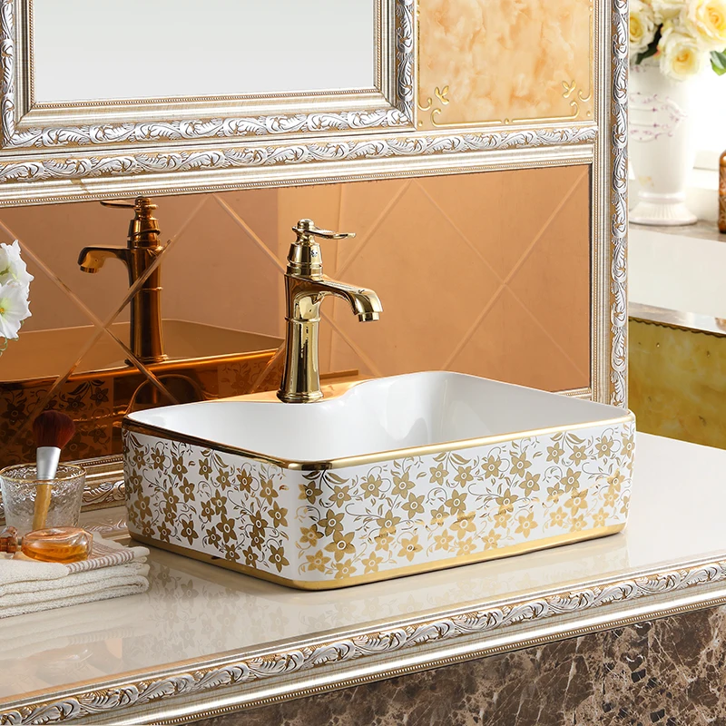 Modern Square Hand Wash Basin Lavabo Ceramic Gold Color Plated Countertop Bathroom Sink