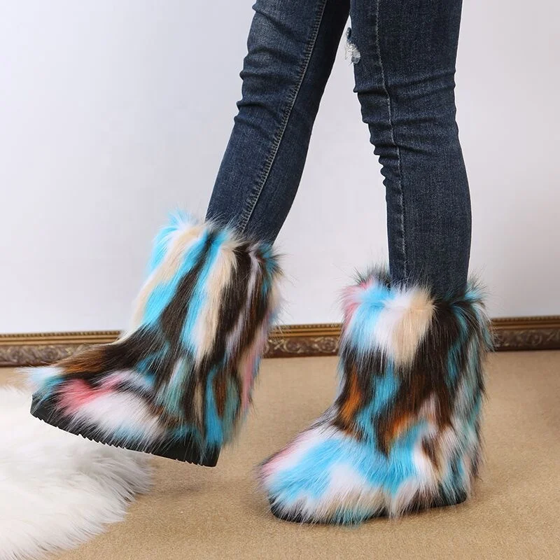 New Arrival Hot Sale Colorful Cheap Women Plush Thigh High Fluffy Snow Winter Boots Set Faux Fox Fur