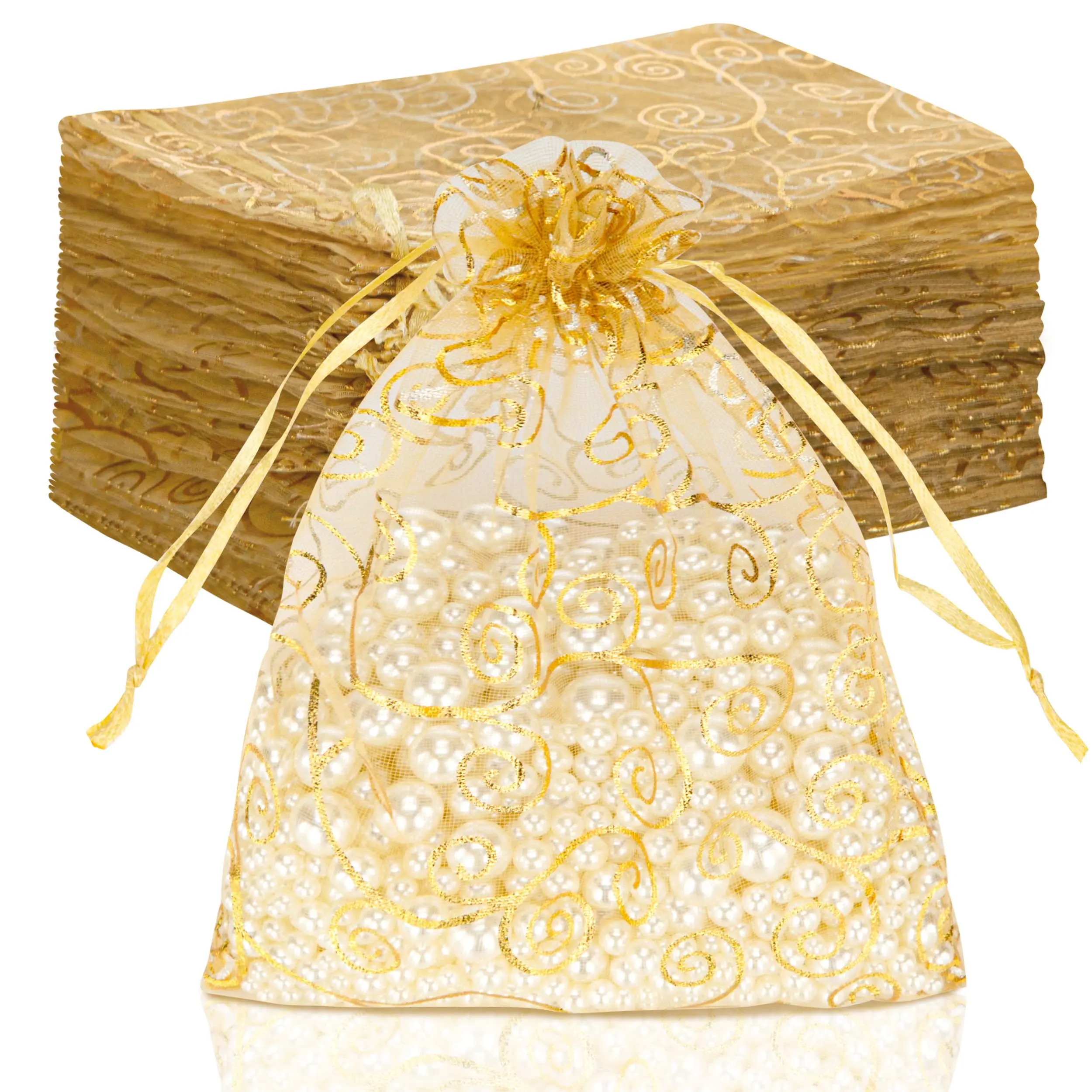 Customized Promotional Cheap Wholesale Gold Eco-Friendly Drawstring Floral Gift Organza Bags