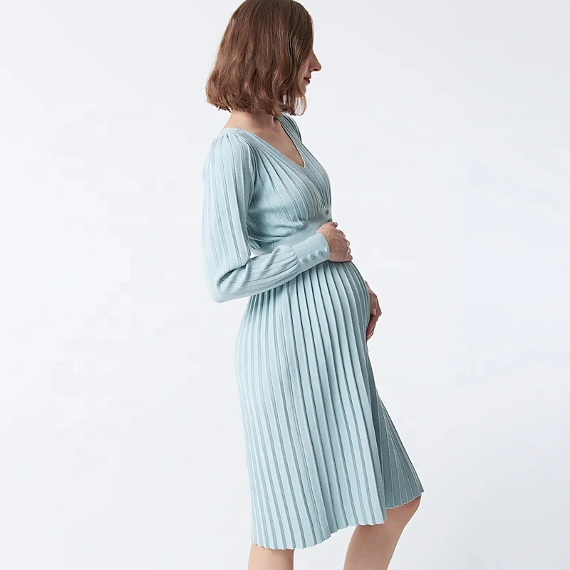 Knitted Elasticity Women Pregnant Maternity Clothes Elegant Winter Knee length Maternity Solid Dress