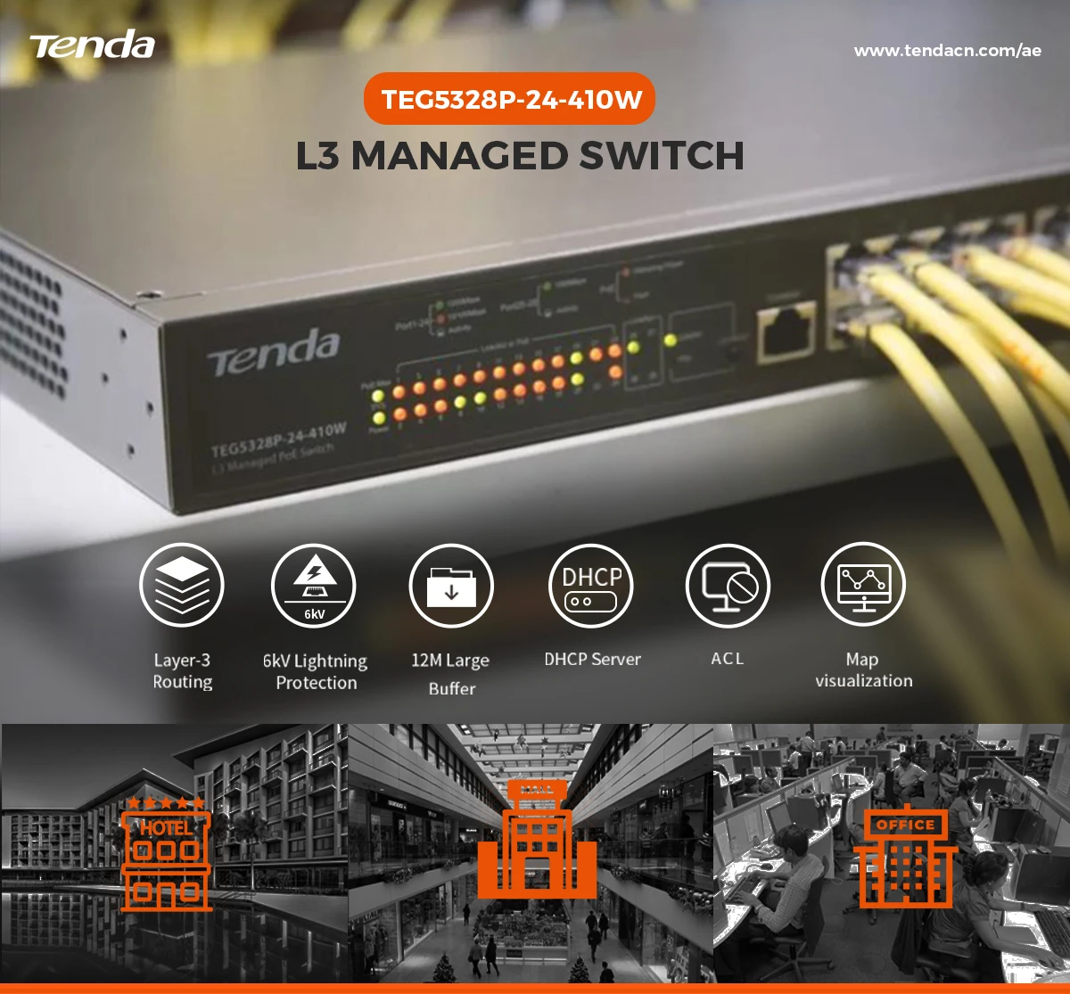 Tenda TEG5328P-24-410W L3 Managed PoE Switch 24 ports 4*1000mbps SFP PoE power 370W 802.1Q VLAN gigabit  POE switch