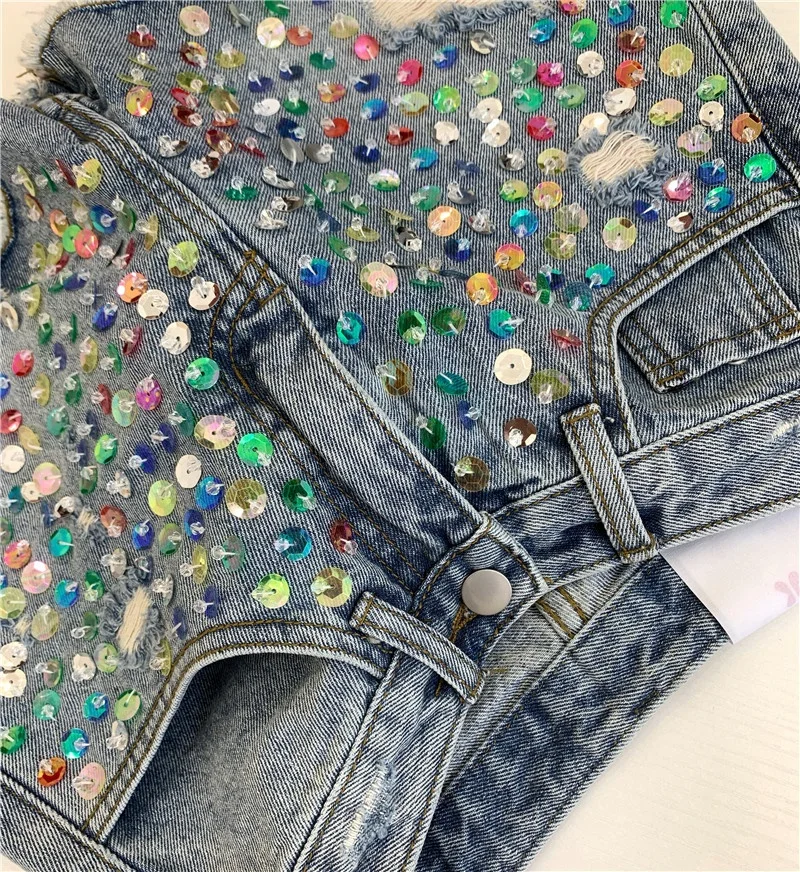 High Street Stylish Colorful Hand Sewn Crystal Rhinestone Girls Jeans Denim Shorts
