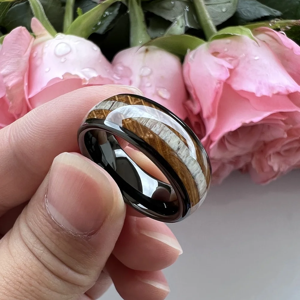 Coolstyle Jewelry 8mm Wholesale Domed Whisky Wood Deer Antler Inlay Engagement Wedding Band Black Tungsten Ring for Men Women