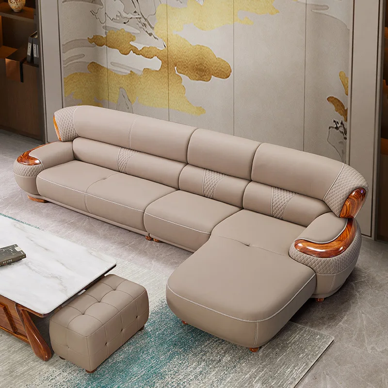 Modern new Chinese Uginwood leather sofa high-end villa solid wood layer cowhide European living room sofa luxury furniture