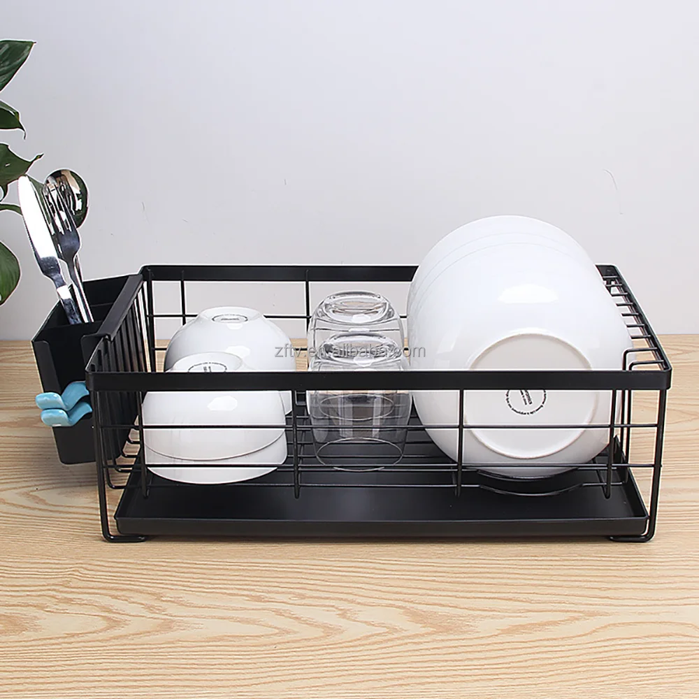 Kitchen Dish Drainer Drying Rack with Drip Tray and Full-Mesh Silverware Storage Basket, Black,White