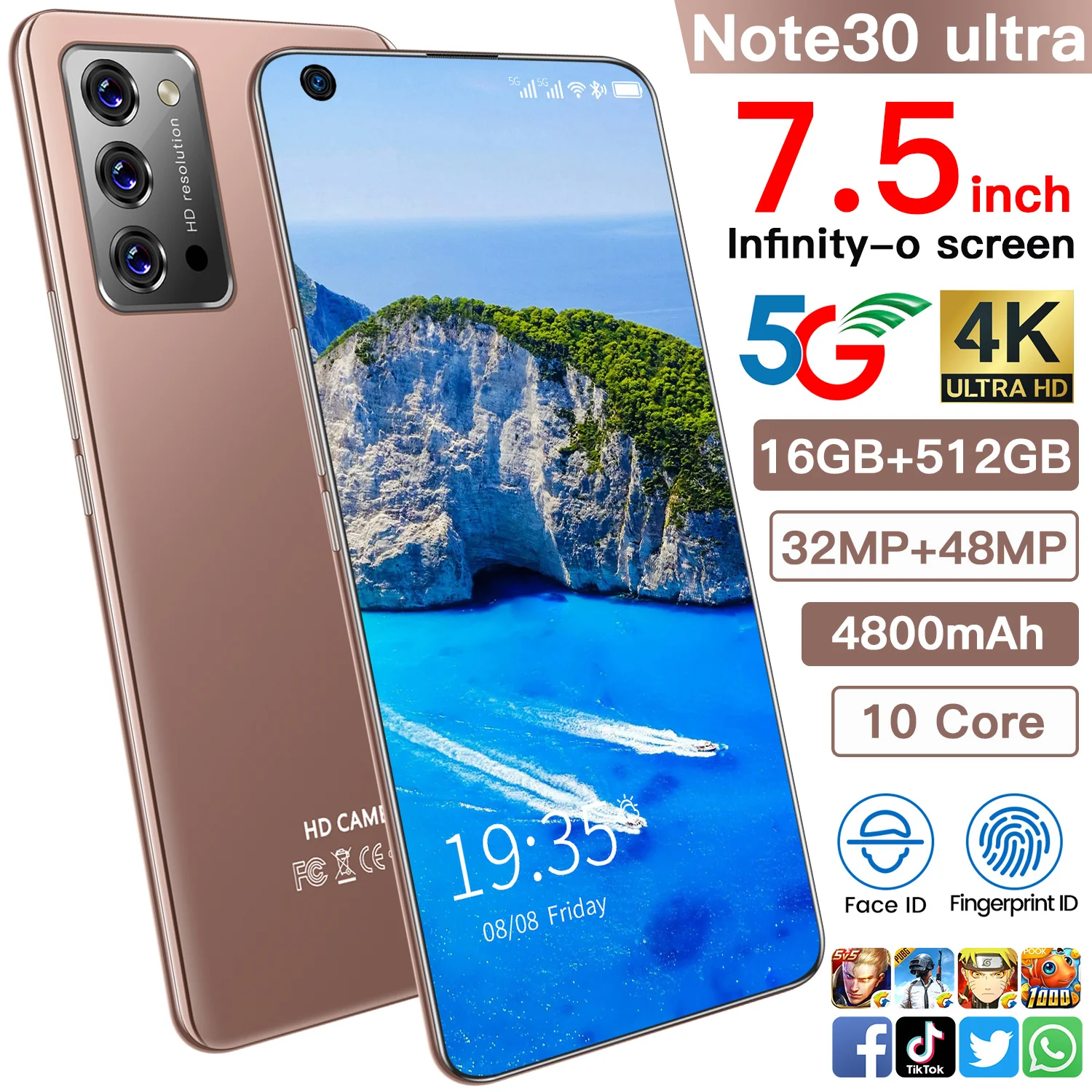 Оптовая продажа Note30 7 5 дюймов Бесконечность с открытой пяткой и круглым экран 16 Гб оперативная память 512 Встроенная большого объема памяти мобильного телефона 32 + 48 Мп HD камера