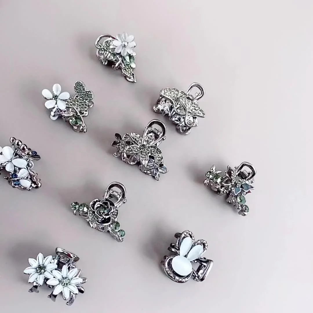 Luxury 3cm Small Butterfly Hair Clamp Clip Mini Crystal Rhinestones Leaf Opal Hair Claws Rose Flower Daisy Metal Claw Clips