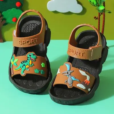 Cute Kids Shoes 2021 New Design Baby Cartoon Dinosaur  Soft Bottom Toddler Sandals PVC Green Blue Brown Slides Slippers