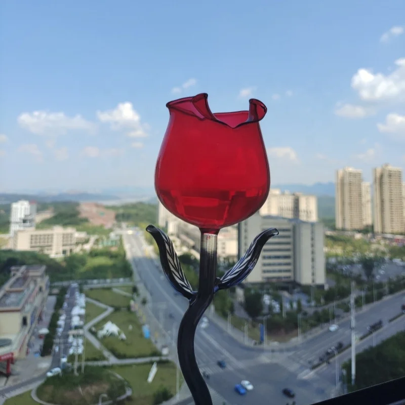 Elegant Creative red color Flower Shaped Glass Unique Rose Red Wine Glasses Goblet with gray stem and leaf  For Couples Lovers