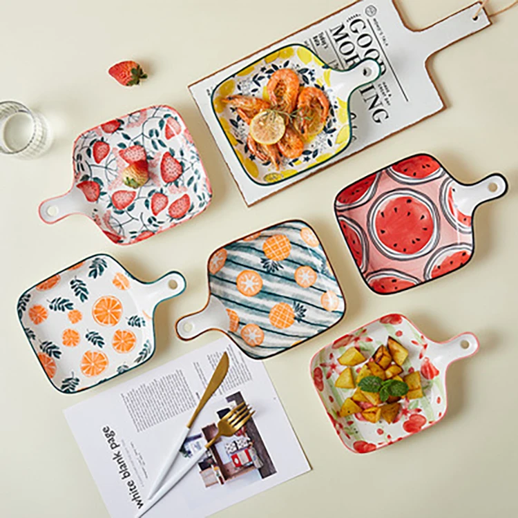 Оптовая продажа, квадратный керамический антипригарный противень для выпечки с фруктовым узором и ручкой