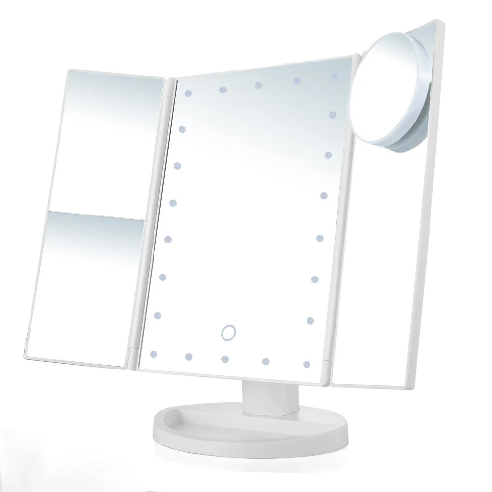 LED Lighted Trifold Makeup Mirror 1X/2X/3X/10X Magnification Vanity Mirror 22 Led Lights Touch Screen with Dual Power Supply