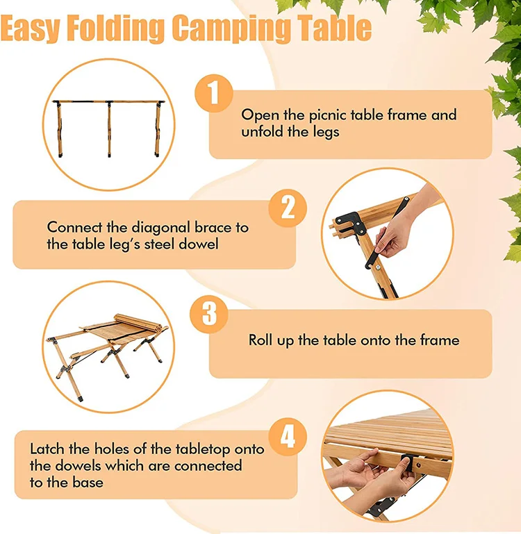 Bamboo Folding Picnic Table,  Wooden Roll-up Portable Camping Table for Patio Garden Beach Yard