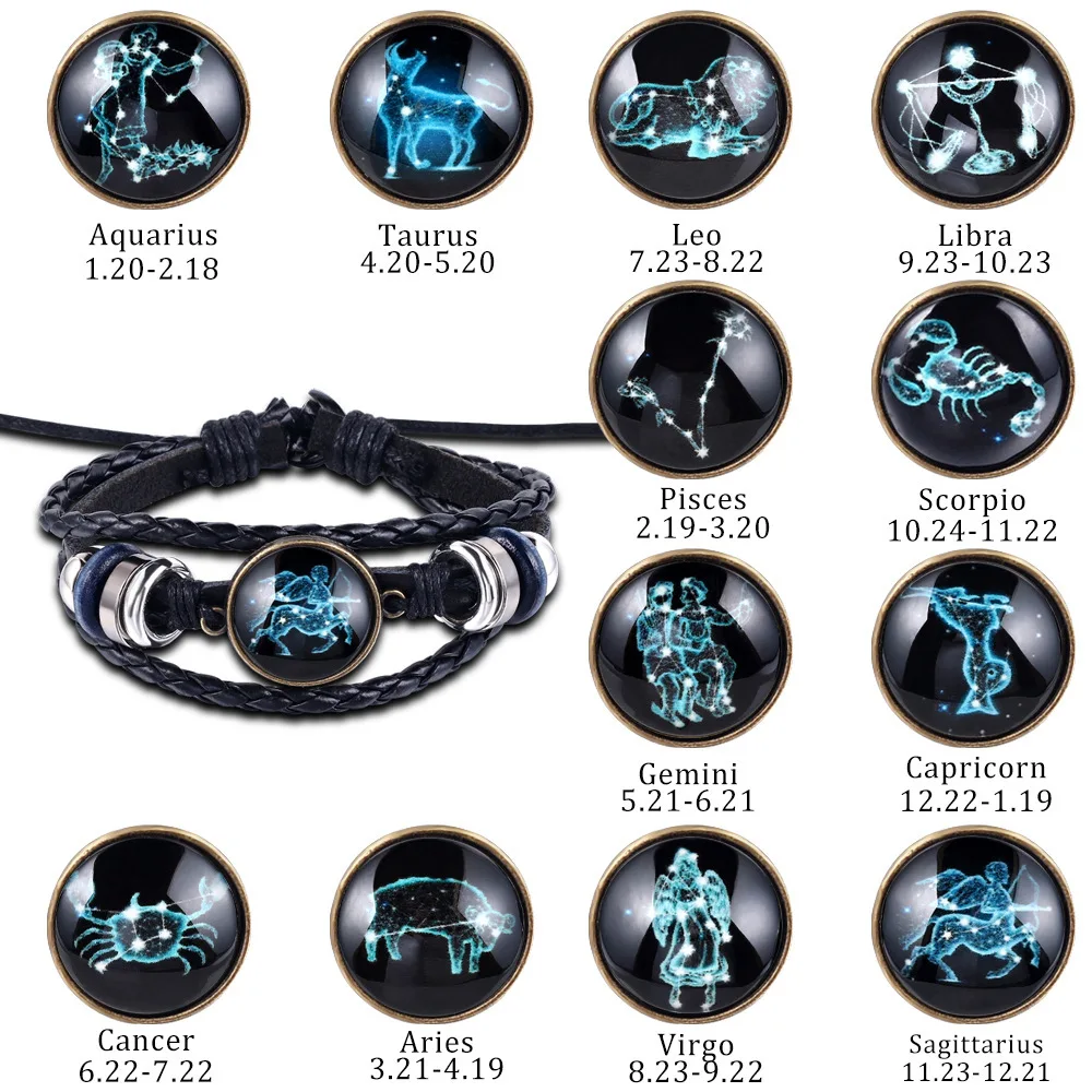 New Fashion Zodiac Stars Stainless Steel Bracelet Jewelry Leather Handwoven Bracelets Custom Couple Bracelets