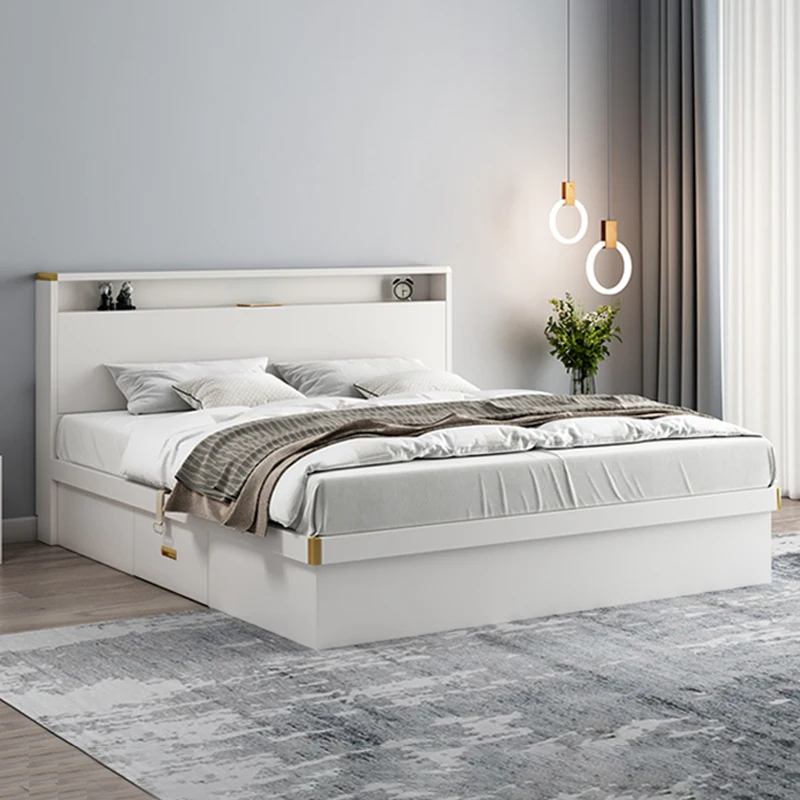 White Wooden With Led Light Bed Frame King Size Bed Storage With Drawers Underneath