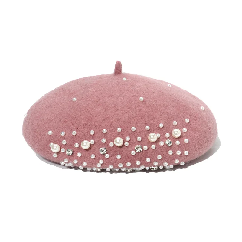 2024 Factory wholesale high quality autumn winter Lady Korean version British pearl point diamond wool painter hat bud Beret hat