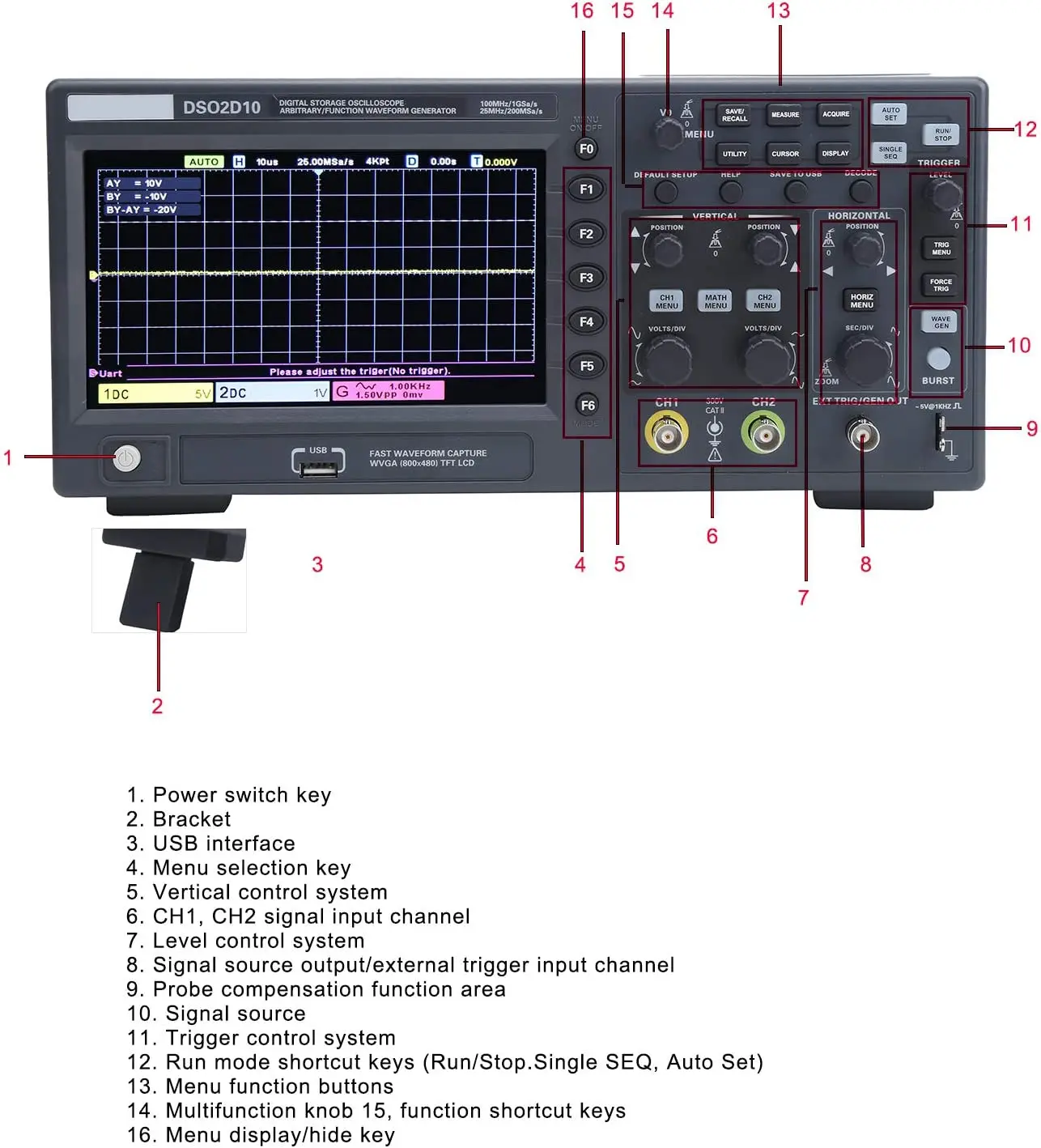 Hantek Dso2d10 Digital Oscilloscope 2 Channels 100mhz Generation Oscilloscope