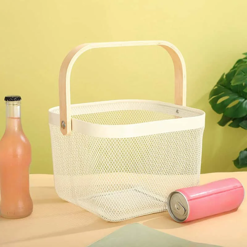 Kitchen Mesh Fruit Stand Square Metal Wire Woven Fruit Storage Bowl Basket with Wooden Handle