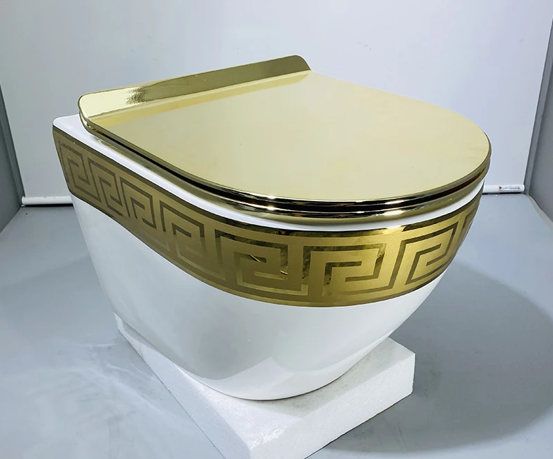 Luxury Design Colored Sanitary Ware Bathroom Wall Mount Row Hanging Toilet Bowl Ceramic Black and Gold Wall Hung Toilet