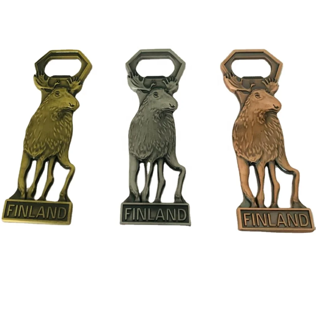 Free mold Finland metal reindeer shape fridge magnet wholesale cheap metal beer bottle opener