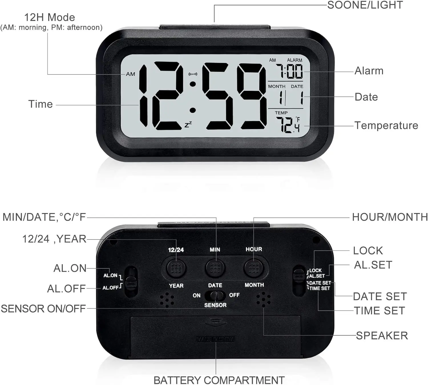 LCD digital clock large display calendar date time and temperature led table desk clock smart night light alarm clock