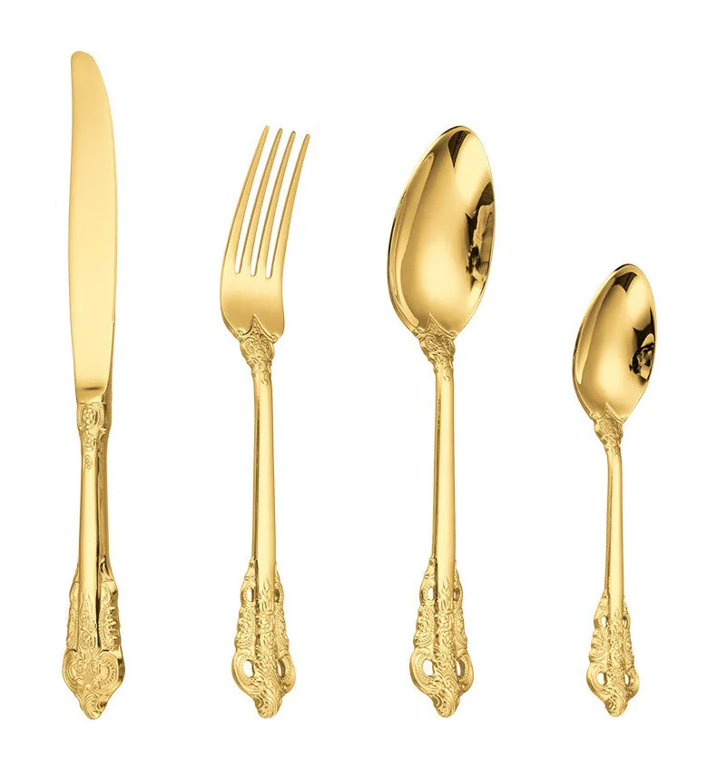 Restaurant royal golden silverware mirror flatware gold stainless steel cutlery set with palace style embossed pattern
