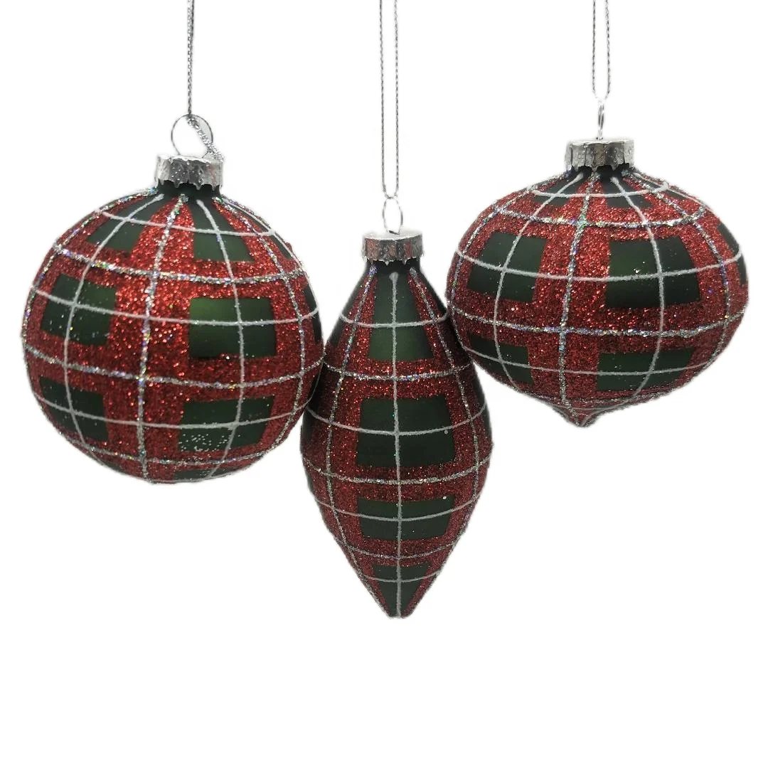 Factory direct sales luxury 3 shapes Green&Red christmas glass ornaments with shimmering powder and gold line for Xmas