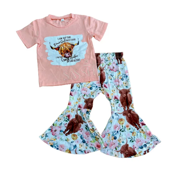 New Arrival Highland Cattle Bell Bottom Boutique Set Kids Cow Print Western Girls Outfit