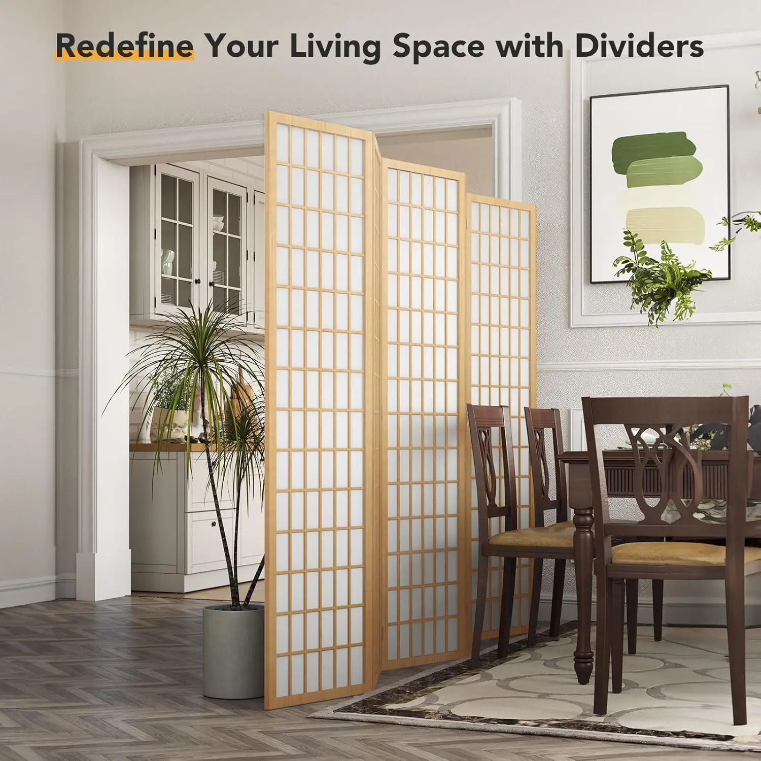 4-Panel Freestanding Retractable Room Divider with Art Deco Design Notch and Curve Privacy Screen
