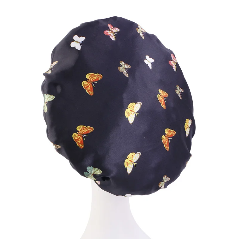 Fashion Butterfly Pattern Hats With Wide Band Custom Logo Beauty Woman Sleep Caps Satin Hair Bonnets