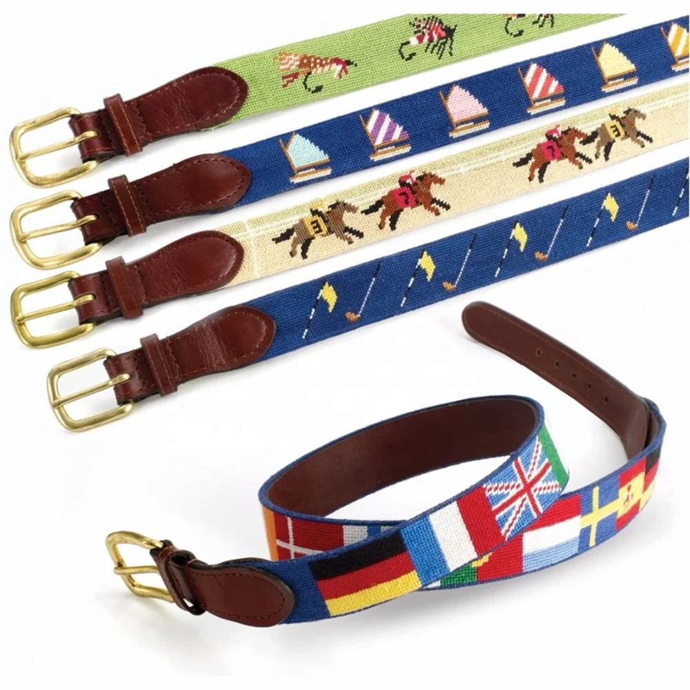 Horse Racing Needlepoint Leather Belt
