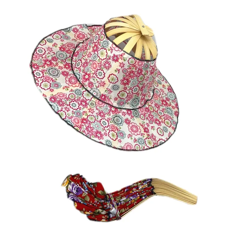 Folding Fan Foldable Bamboo Hat and Fan,Summer Beach Foldable Hat Fan,2 in 1Portable Hand Fan and Sun Hat  Bamboo Frame