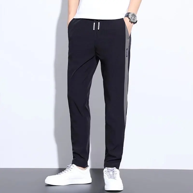 Men Fast Dry Stretch Pants Ice Silk Trousers Solid Color Mid-waist Loose Breathable Straight-leg Casual Pants Thin Sports Pants