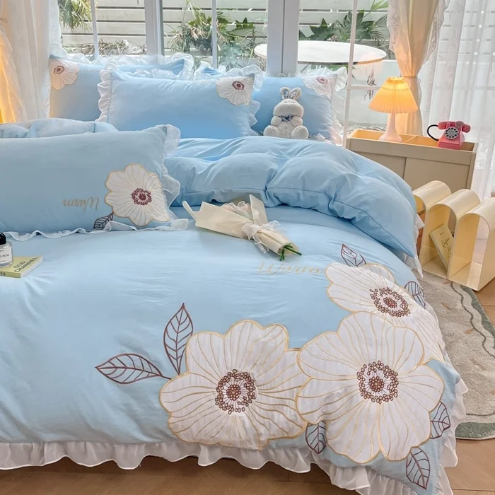 Wholesale New Floral Washed Cotton Bedding Set Queen King Washed Cotton Embroidery Textile Duvet Cover Bedsheet Pillowcases 4Pcs