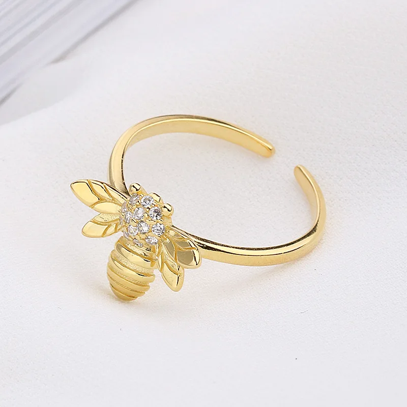  Hot sale cute 18k gold plated 925 sterling silver animal bee open rings for
