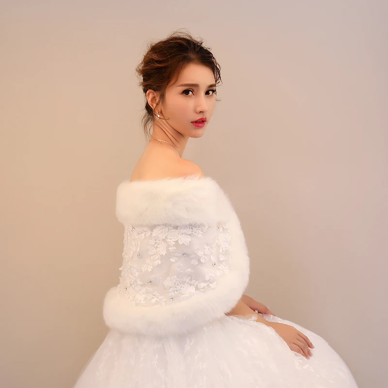 
Wholesale new fluffy plush collar shawl faux rabbit fur bridal lace rhinestone shawl 