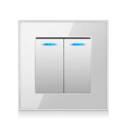 Crystal glass panel 2 Gang 2 way pass through LED indicator 16A On/Off light switch Stair wall switch