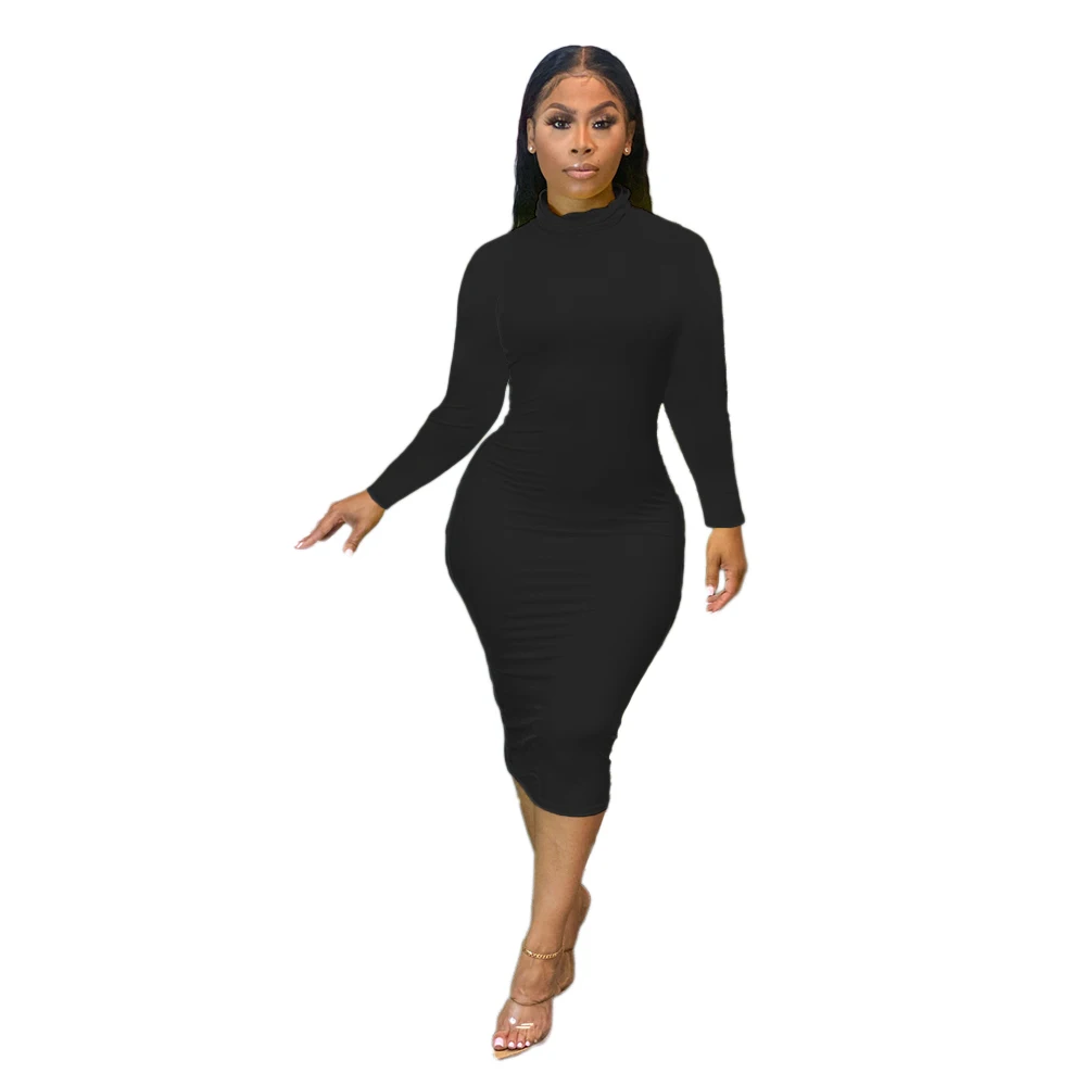 Sh7211 Simple Fashion Ladies Elegant Casual Dresses High Collar Solid Color Dresses Women Clothing