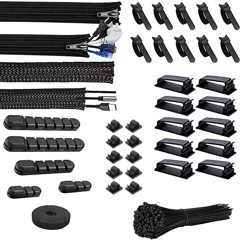New 140pcs Cord Management Kits with Adhesive Cable Holder Self-Locking Fastening Cable Ties Cable Clips Wire Organizer Sleeve