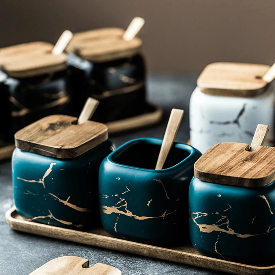 Custom nordic luxury marble ceramic kitchen salt sugar pepper seasoning jar spice jar set with wood lid and tray