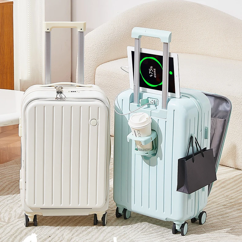 SW Front open luggage new multifunctional independent computer compartment trolley suitcase with USB charging cup holder