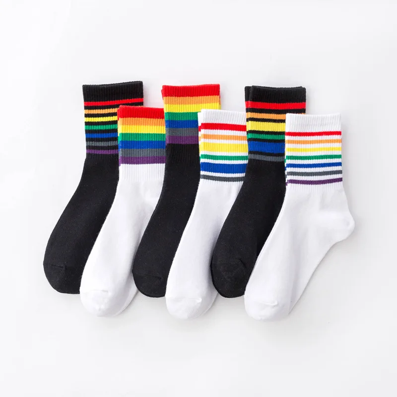 Spring fancy rainbow stripe pride women crew slouch socks young ladies girls couple ankle cotton socks