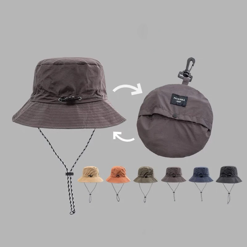 Outdoor Waterproof Bucket Hat Foldable Pocket Cap Quick Dry Fishing Traveling Riding Climbing Portable Hat With Wind String
