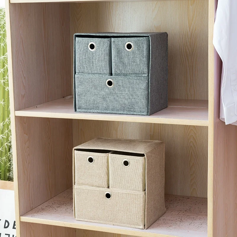 Home Toy Sock Clothing Fabric Covered Cardboard Storage Box Cubes 3 Layer Drawer Underwear Storage Box