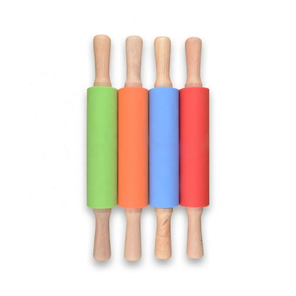 Non Stick Surface Dumpling Noodle Wooden Handle Flour Silicone Rubber Rolling Pin