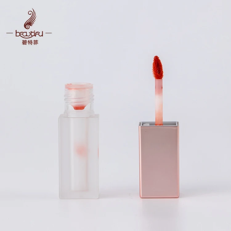 Empty 2.5ml plastic square lip gloss/liquid lipstick tubes with metallic pink lid + frosted transparent bottle with heart brush