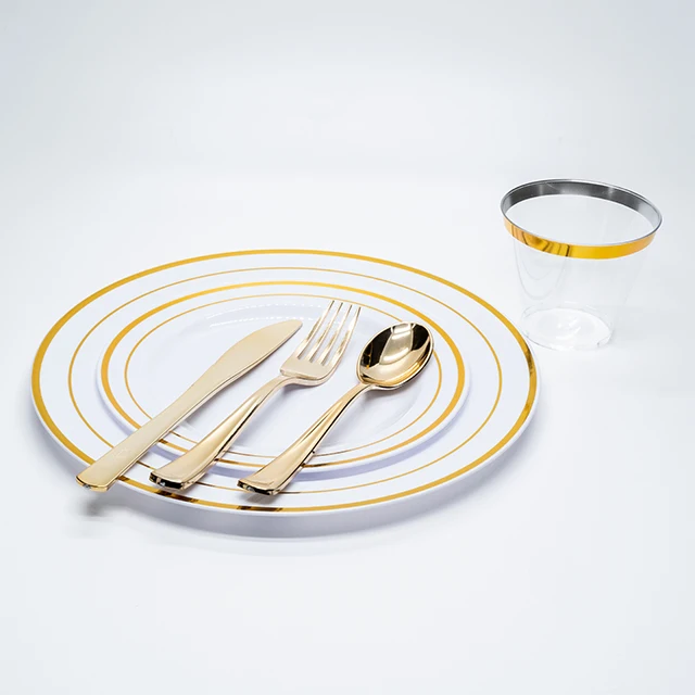 Disposable Plastic Plates Gold Design Party Tableware Sets Gold Disposable Tableware Set