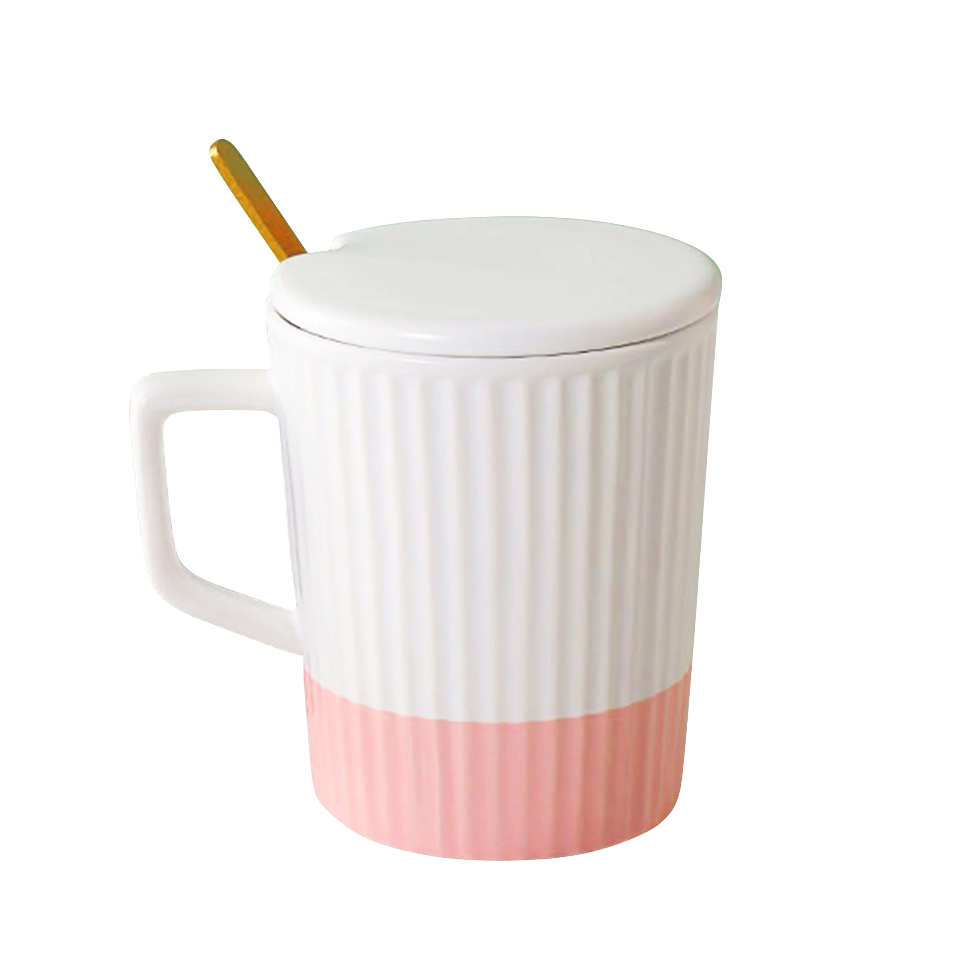 
380ml pink high quality stripe insulated ceramic cup mug with lid golden spoon 