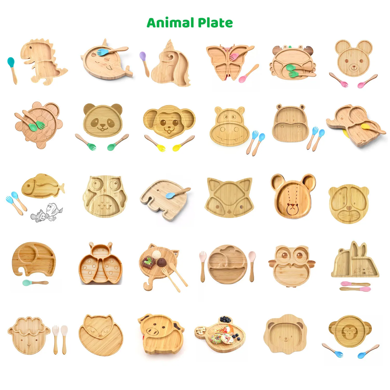 Custom Logo Dinner Plates Fox Sheep Rabbit Elephant Monkey lion Koala Shape Kids Bamboo Animal Baby Plate